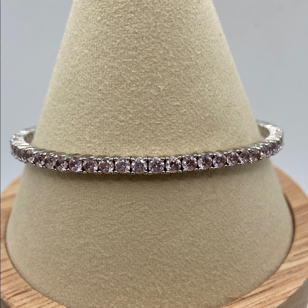 Sterling Silver Simulated Pink Diamond Round Bangle Bracelet Magnetic Closure